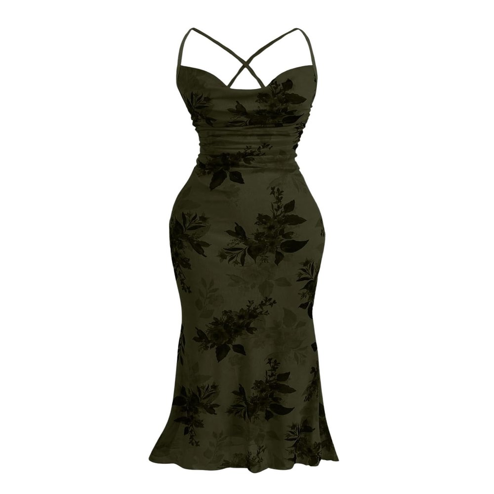 SOLY HUX Women's Floral Mesh Bodycon Cami Dress Cowl Neck Sleeveless Cocktail Party Wedding Guest Long Maxi Dresses Army Green Floral XX-Small