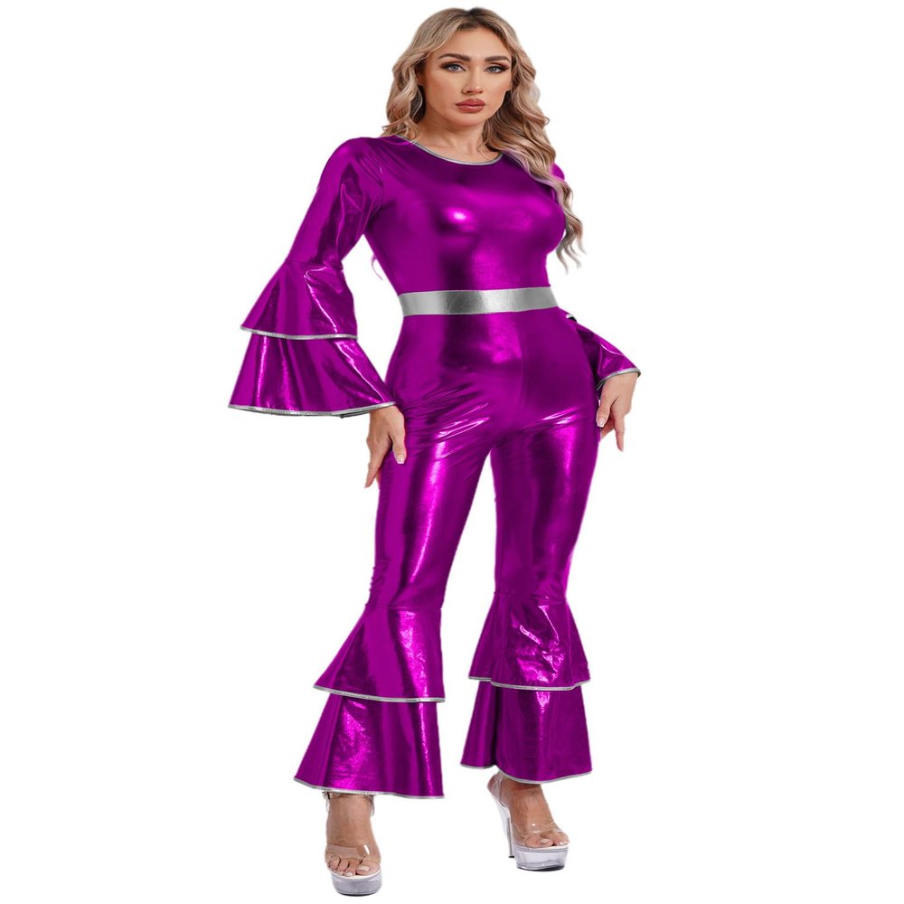 Alvivi Womens 70s 80s Hippie Disco Dance Costume Metallic Shiny Bell Bottom Jumpsuit Dancewear Purple X-Large