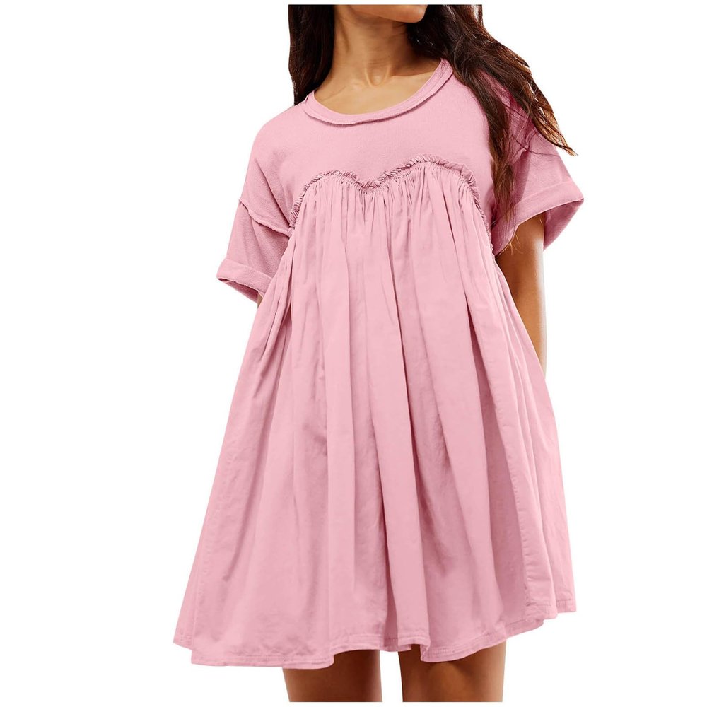 Oplxuo Babydoll Dress for Women Loose Summer Patchwork Pleated Flowy Mini Dress Crew Neck Roll Up Short Sleeve Tunic Dress Pink
