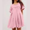 Oplxuo Babydoll Dress for Women Loose Summer Patchwork Pleated Flowy Mini Dress Crew Neck Roll Up Short Sleeve Tunic Dress Pink view 2