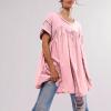 Oplxuo Babydoll Dress for Women Loose Summer Patchwork Pleated Flowy Mini Dress Crew Neck Roll Up Short Sleeve Tunic Dress Pink view 3