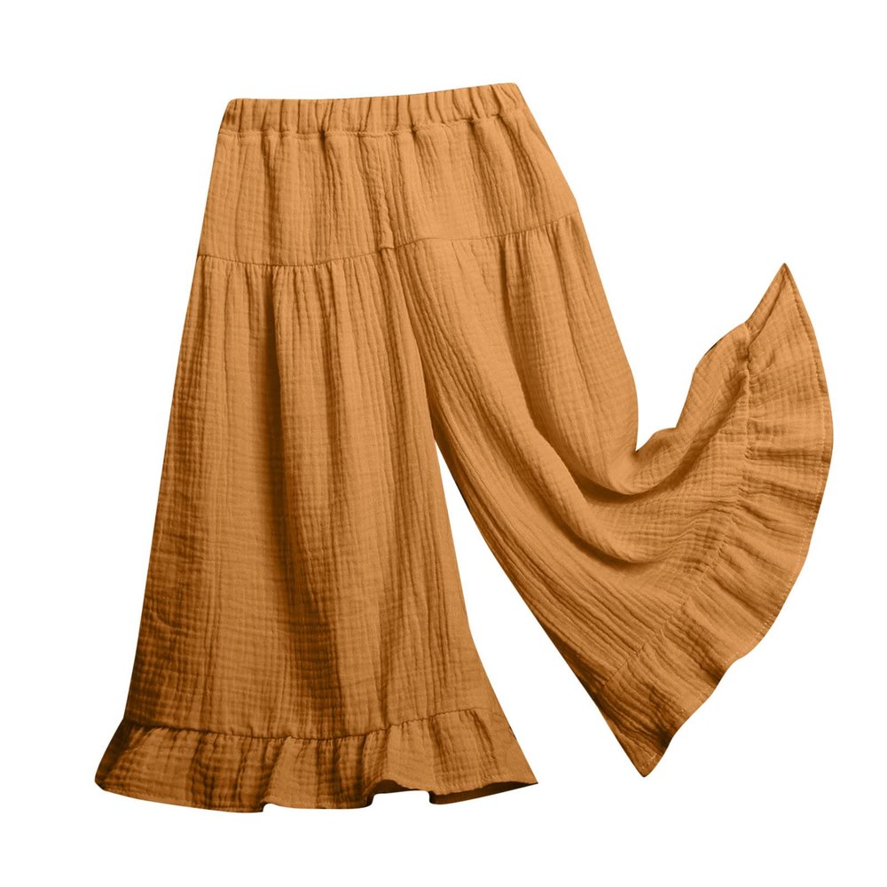Toddler Baby Girls Cotton Linen Wide Leg Pants Solid Color Ruffles Hem Loose Pants School Uifrm (Yellow, 6-8 Years)
