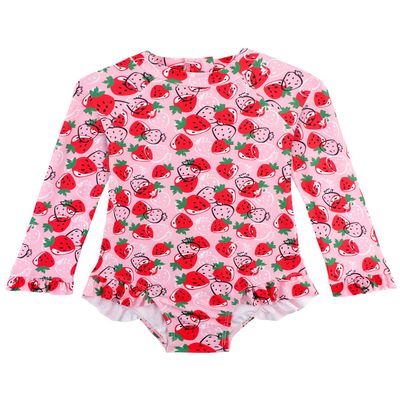 Alakuoti Toddler Swimsuit Girl One Piece Ruffle Swimsuits for Girls Long Sleeve Zipper Swimsuit with UPF 50+ Sun Protection 2t 3t Swimsuit Girls, Pink Strawberry
