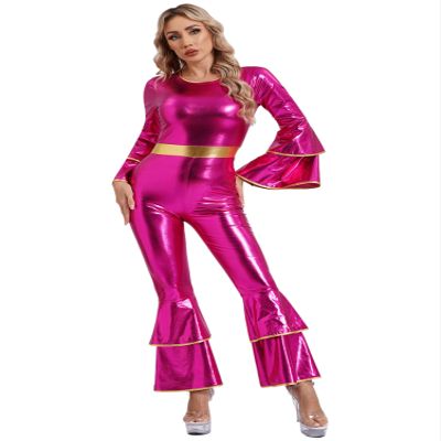 Alvivi Womens 70s 80s Hippie Disco Dance Costume Metallic Shiny Bell Bottom Jumpsuit Dancewear Hot Pink XX-Large