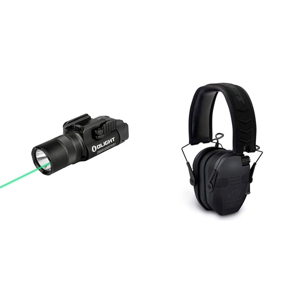 OLIGHT Baldr Pro R 1350 Lumens Flashlight and Walker's Razor Quad Electronic Muff Bundle with Green Beam Tactical Flashlight, Bluetooth Earmuffs, and Batteries