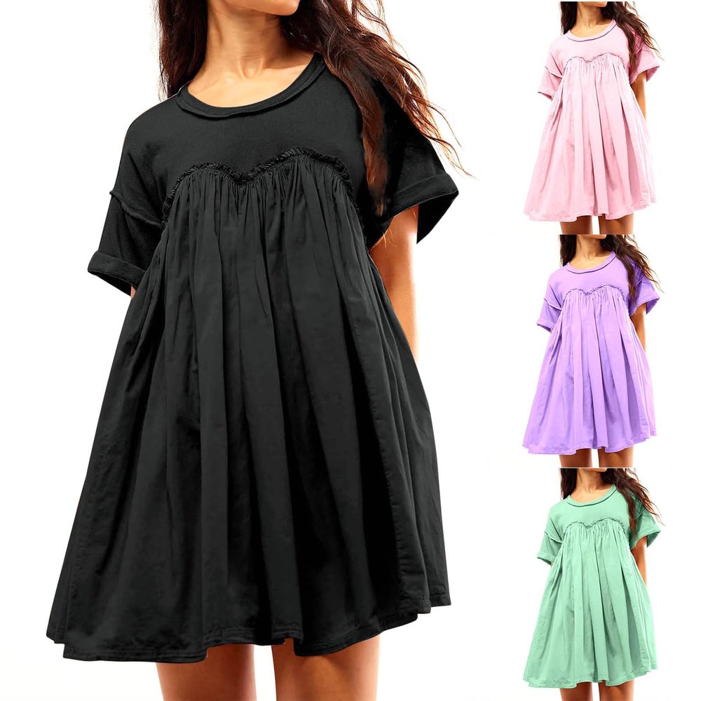 Oplxuo Babydoll Dress for Women Loose Summer Patchwork Pleated Flowy Mini Dress Crew Neck Roll Up Short Sleeve Tunic Dress Black