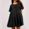 Oplxuo Babydoll Dress for Women Loose Summer Patchwork Pleated Flowy Mini Dress Crew Neck Roll Up Short Sleeve Tunic Dress Black view 2