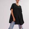 Oplxuo Babydoll Dress for Women Loose Summer Patchwork Pleated Flowy Mini Dress Crew Neck Roll Up Short Sleeve Tunic Dress Black view 3