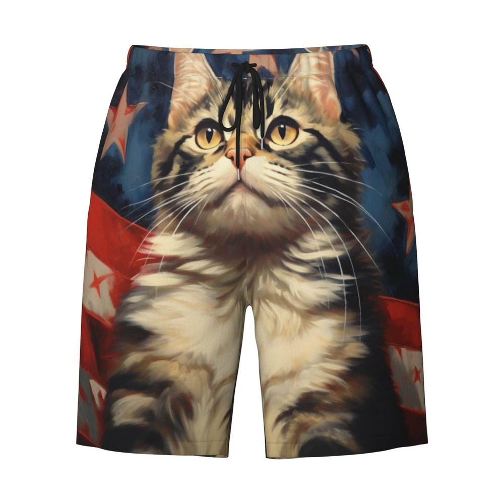 URVIP Men's US-Flag Animal Printed Shorts Athletic Casual Hawaiian Shorts Quick Dry Drawstring Beach Shorts Cat-16 M