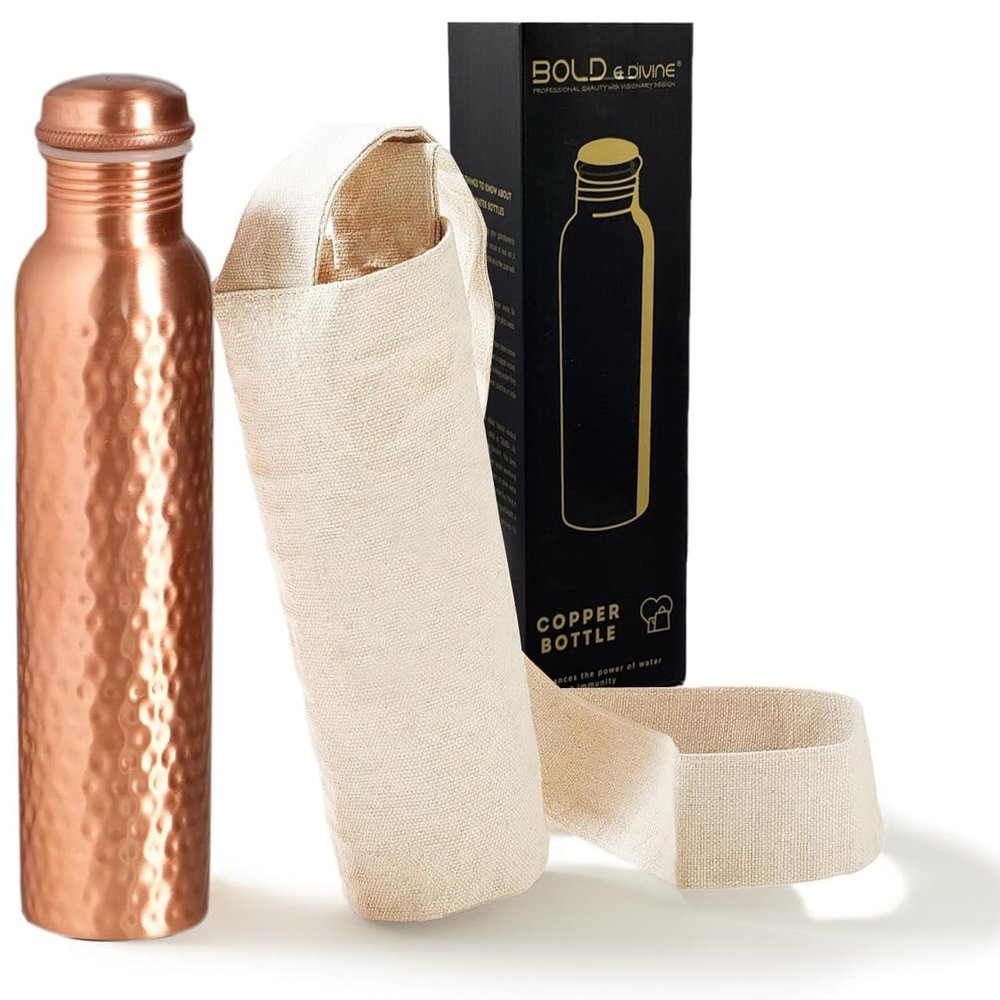 Bold & Divine Premium 32oz Pure Copper Hammered Water Bottle for Drinking - Ayurvedic Health Benefits - Handcrafted Copper Water Vessel - Leak-Proof Design, Rust-Free - Bonus Canvas Carry Bag