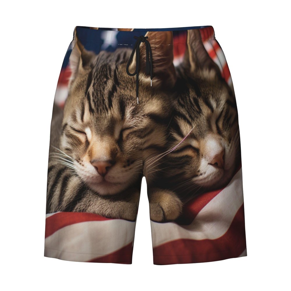 URVIP Men's US-Flag Animal Printed Shorts Athletic Casual Hawaiian Shorts Quick Dry Drawstring Beach Shorts Cat-01 S