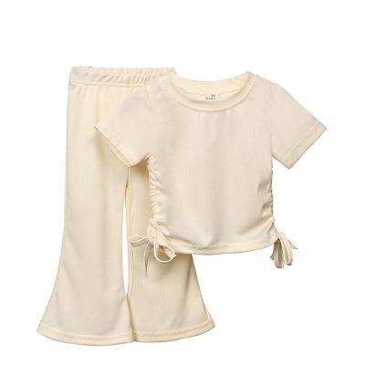 NineFit Basics Juniors Tops for Teen Girls Girls Solid Color Drawstring Short Sleeve Flared Pants Two Set Cute Kids (Beige, 3-4 Years), MVaY4wSS7