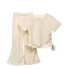 NineFit Basics Juniors Tops for Teen Girls Girls Solid Color Drawstring Short Sleeve Flared Pants Two Set Cute Kids (Beige, 3-4 Years), MVaY4wSS7 view 1