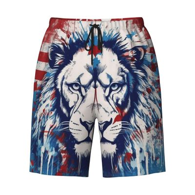 URVIP Men's US-Flag Animal Printed Shorts Athletic Casual Hawaiian Shorts Quick Dry Drawstring Beach Shorts Lion-02 M