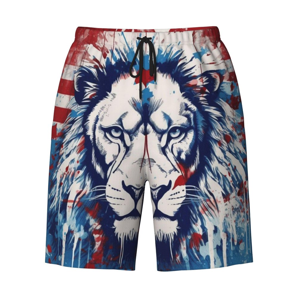 URVIP Men's US-Flag Animal Printed Shorts Athletic Casual Hawaiian Shorts Quick Dry Drawstring Beach Shorts Lion-02 M