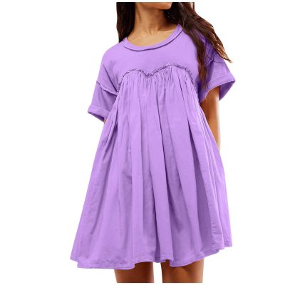 Oplxuo Babydoll Dress for Women Loose Summer Patchwork Pleated Flowy Mini Dress Crew Neck Roll Up Short Sleeve Tunic Dress Purple