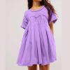 Oplxuo Babydoll Dress for Women Loose Summer Patchwork Pleated Flowy Mini Dress Crew Neck Roll Up Short Sleeve Tunic Dress Purple view 2
