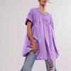 Oplxuo Babydoll Dress for Women Loose Summer Patchwork Pleated Flowy Mini Dress Crew Neck Roll Up Short Sleeve Tunic Dress Purple view 3