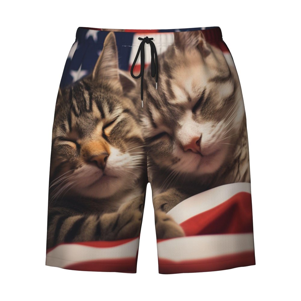 URVIP Men's US-Flag Animal Printed Shorts Athletic Casual Hawaiian Shorts Quick Dry Drawstring Beach Shorts Cat-02 M