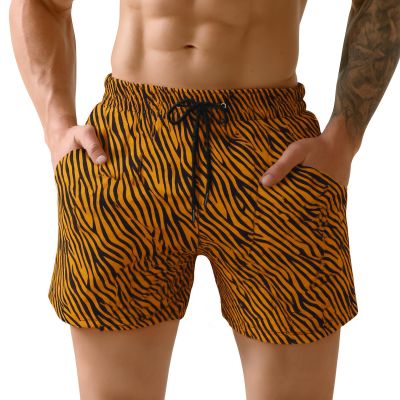 GINGTTO Mens Swimming Trunks 5 Inch with Pockets Beach Shorts for Men Summer Elastic Waist Zebra Stripe S Orange Black