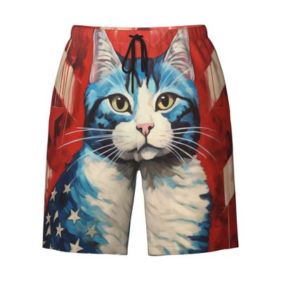 URVIP Men's US-Flag Animal Printed Shorts Athletic Casual Hawaiian Shorts Quick Dry Drawstring Beach Shorts Cat-17 XL