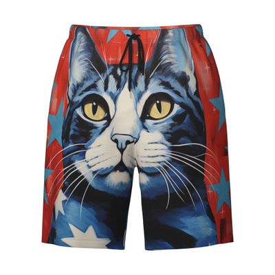 URVIP Men's US-Flag Animal Printed Shorts Athletic Casual Hawaiian Shorts Quick Dry Drawstring Beach Shorts Cat-15 XXXL