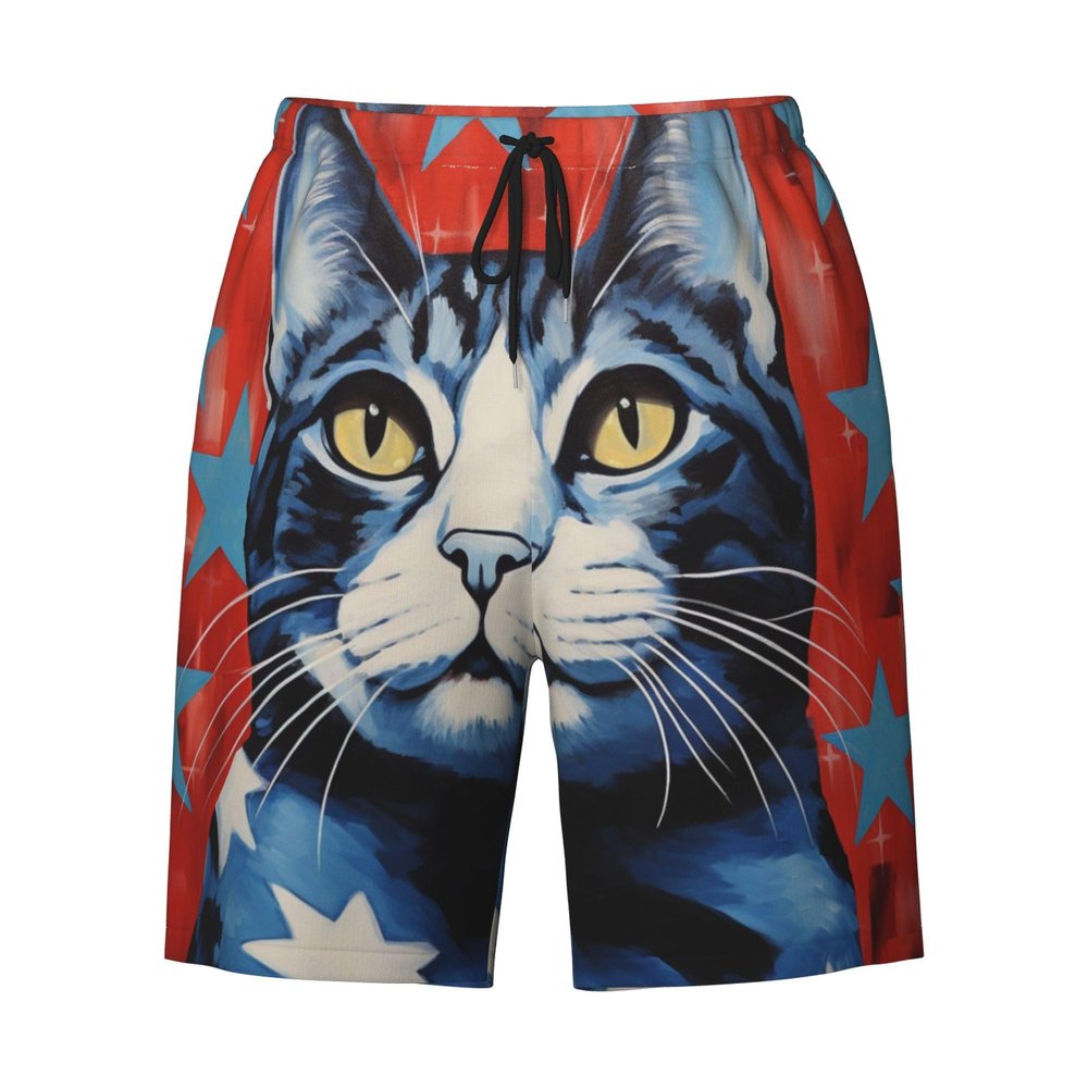URVIP Men's US-Flag Animal Printed Shorts Athletic Casual Hawaiian Shorts Quick Dry Drawstring Beach Shorts Cat-15 XXXL