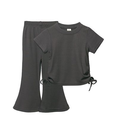 NineFit Basics Juniors Tops for Teen Girls Girls Solid Color Drawstring Short Sleeve Flared Pants Two Set Cute Kids (GY2, 3-4 Years)