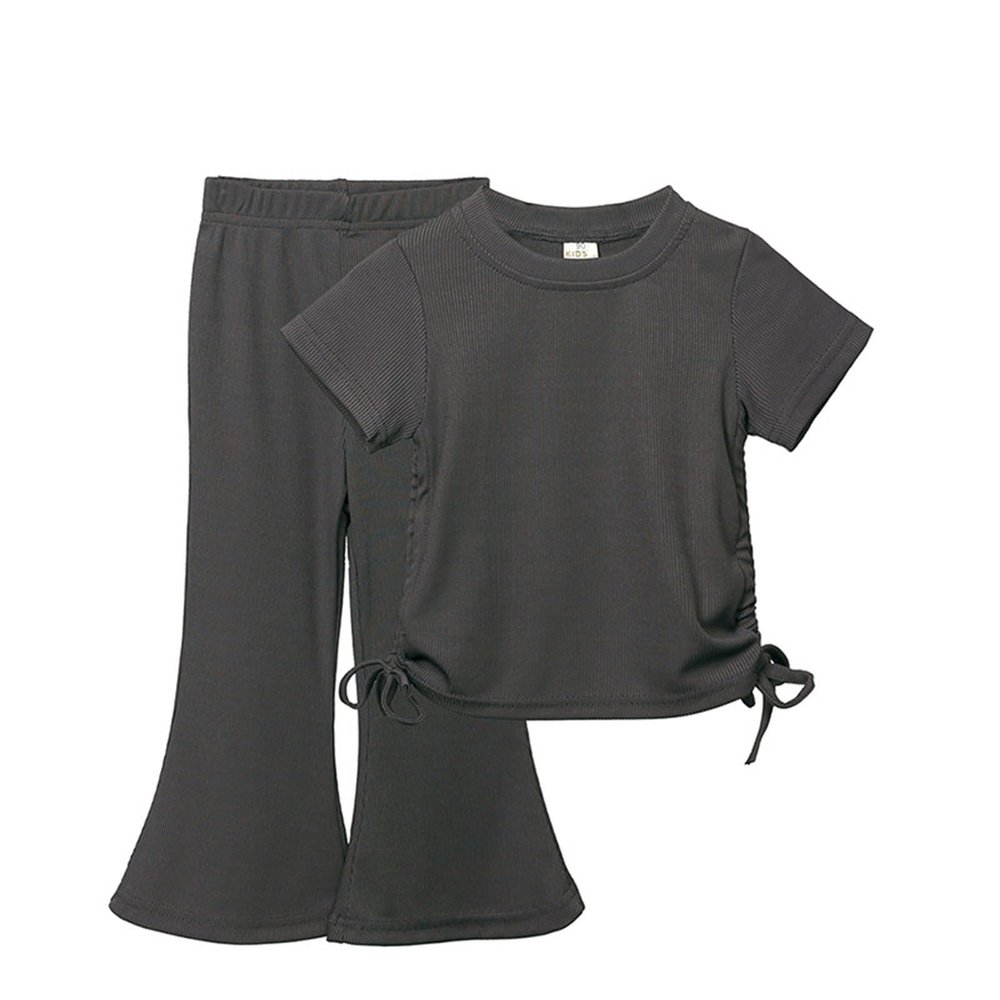 NineFit Basics Juniors Tops for Teen Girls Girls Solid Color Drawstring Short Sleeve Flared Pants Two Set Cute Kids (GY2, 3-4 Years)
