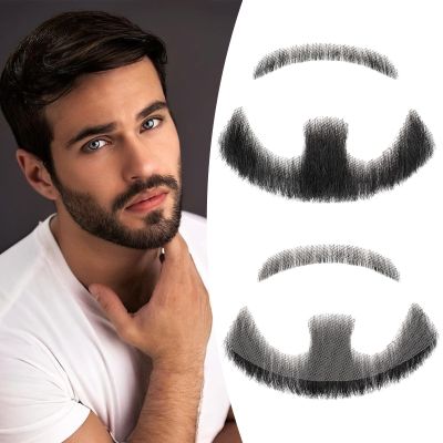 Wodelanle Fake Beard Realistic Mustache 100% Human Hair Full Hand Tied Facial Hair Black Fake Mustache Goatee Lace Invisible Fake Beards for Entertainment Party Drama Movie Makeup