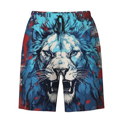 URVIP Men's US-Flag Animal Printed Shorts Athletic Casual Hawaiian Shorts Quick Dry Drawstring Beach Shorts Lion-01 XXL