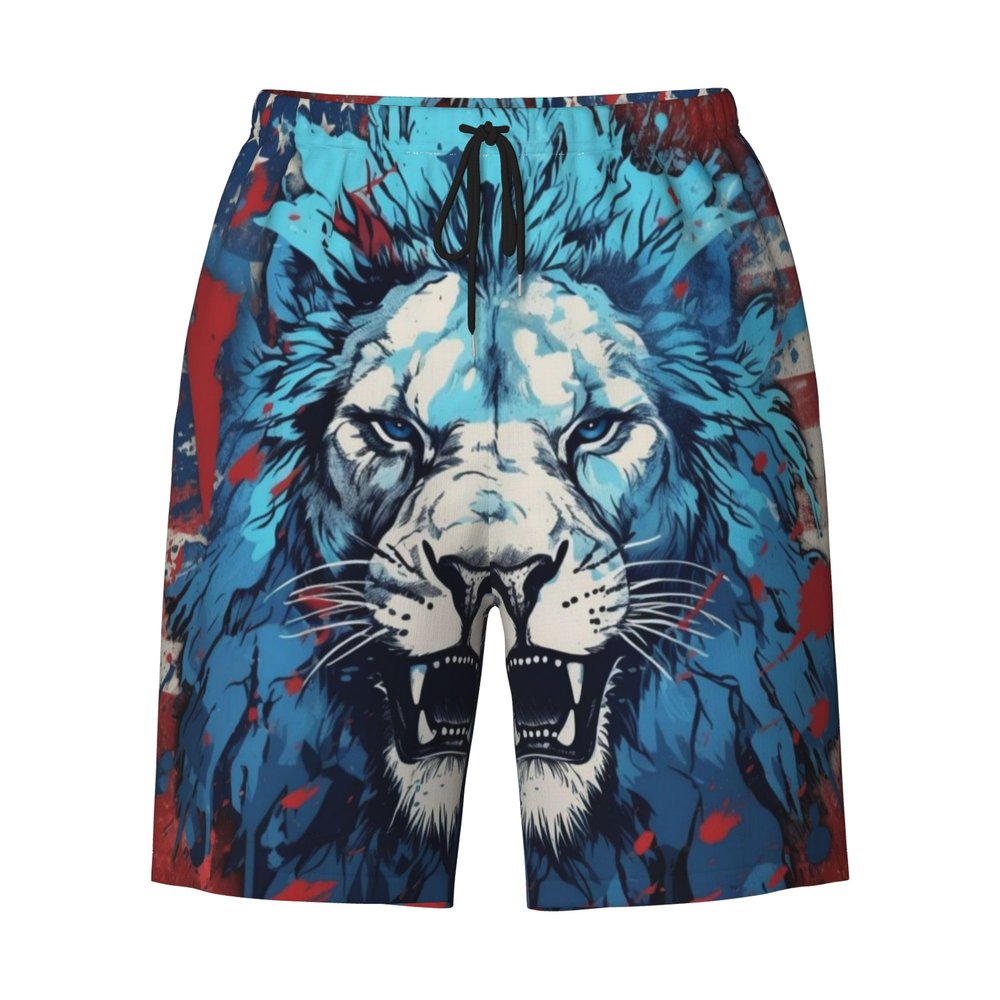 URVIP Men's US-Flag Animal Printed Shorts Athletic Casual Hawaiian Shorts Quick Dry Drawstring Beach Shorts Lion-01 XXL
