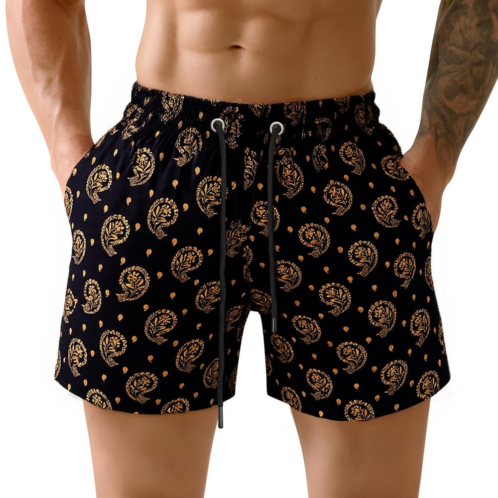 GINGTTO Mens Bathing Suit Swim Trunks Black Funny Swim Shorts Men 5 Inch Inseam Paisley Pattern L