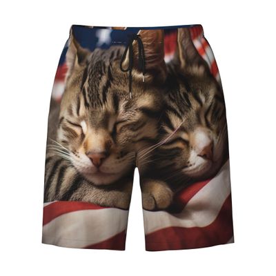 URVIP Men's US-Flag Animal Printed Shorts Athletic Casual Hawaiian Shorts Quick Dry Drawstring Beach Shorts Cat-01 XL