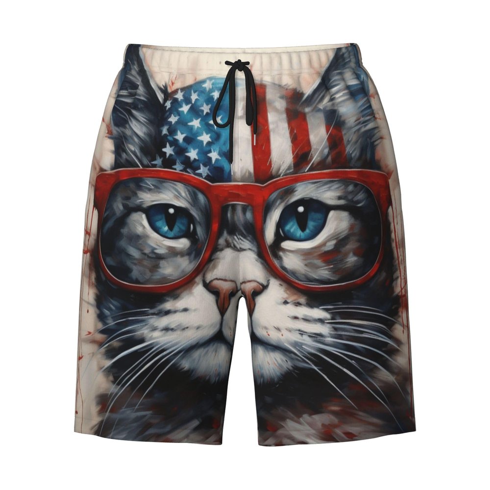 URVIP Men's US-Flag Animal Printed Shorts Athletic Casual Hawaiian Shorts Quick Dry Drawstring Beach Shorts Cat-08 XXXL
