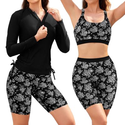 SHEKINI Women's 3 Piece Rash Guard Swimsuit Set Built-in Bra Tank Top Long Sleeve Zip Up Shirt Board Shorts Swimwear Bottom Black