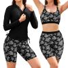 SHEKINI Women's 3 Piece Rash Guard Swimsuit Set Built-in Bra Tank Top Long Sleeve Zip Up Shirt Board Shorts Swimwear Bottom Black view 1
