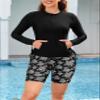 SHEKINI Women's 3 Piece Rash Guard Swimsuit Set Built-in Bra Tank Top Long Sleeve Zip Up Shirt Board Shorts Swimwear Bottom Black view 3