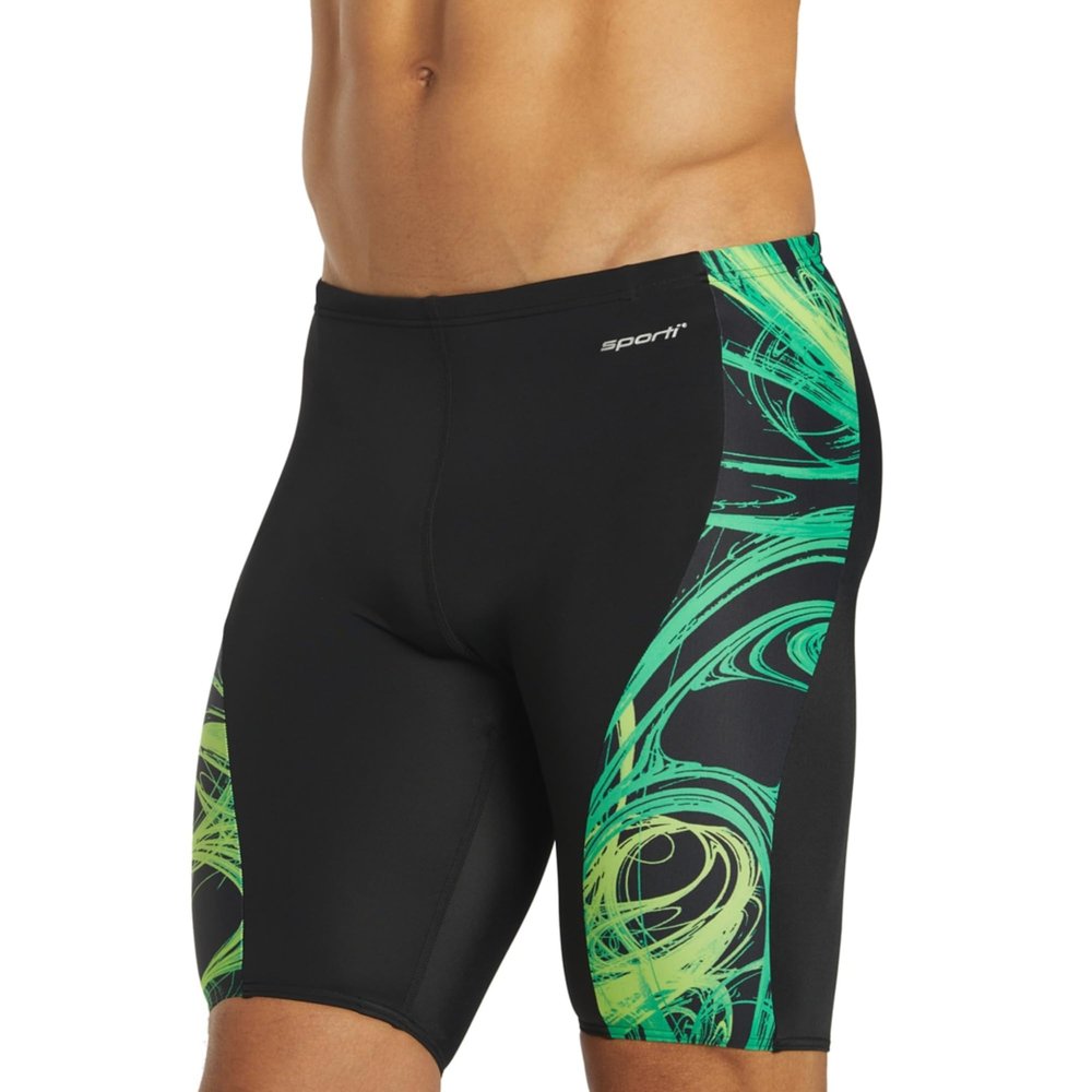 Sporti Boys' Athletic Swim Jammers, Light Wave Splice - Black/Green - 24