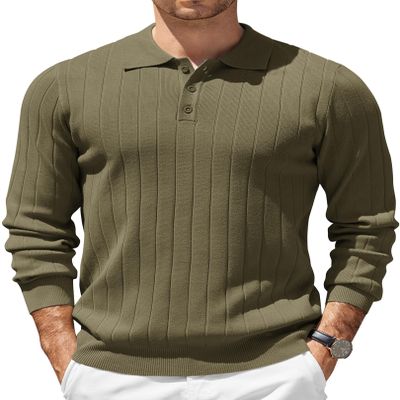 COOFANDY Mens Knit Polo Shirt Button Down Long Sleeve Slim Fit Casual Business Sweater Pullover Army Green