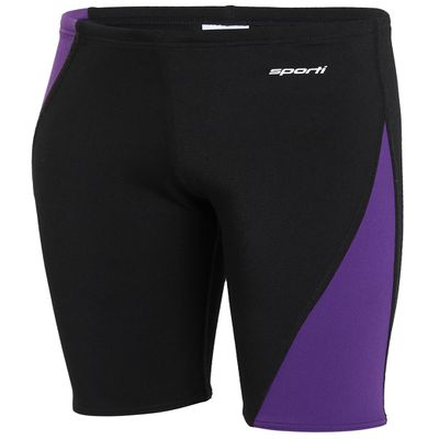 Sporti Boys Swim Jammer Swimsuit  HydroLast Splice Athletic Swimming Shorts, Chlorine-Resistant 4-Way Stretch, UPF 50+, Drawstring, Youth Competitive Team Suit - Black/Bright Purple - 24