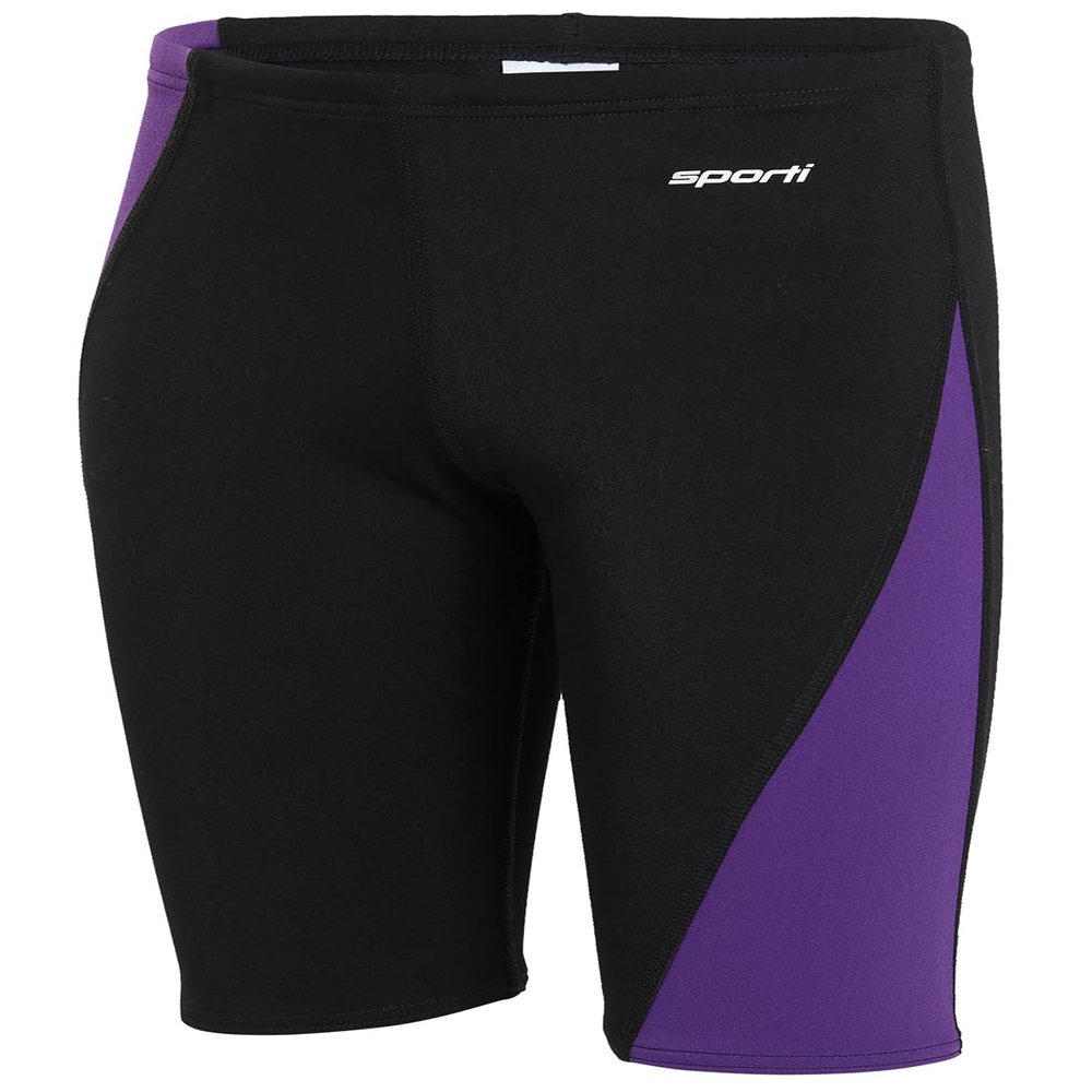 Sporti Boys Swim Jammer Swimsuit HydroLast Splice Athletic Swimming Shorts, Chlorine-Resistant 4-Way Stretch, UPF 50+, Drawstring, Youth Competitive Team Suit - Black/Bright Purple - 24