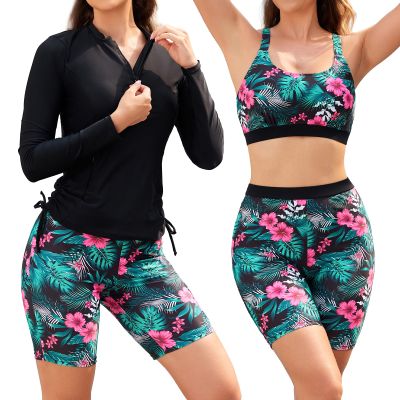 SHEKINI Women's 3 Piece Rash Guard Swimsuit Set Built-in Bra Tank Top Long Sleeve Zip Up Shirt Board Shorts Swimwear Bottom Green