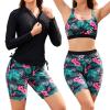 SHEKINI Women's 3 Piece Rash Guard Swimsuit Set Built-in Bra Tank Top Long Sleeve Zip Up Shirt Board Shorts Swimwear Bottom Green view 1