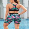 SHEKINI Women's 3 Piece Rash Guard Swimsuit Set Built-in Bra Tank Top Long Sleeve Zip Up Shirt Board Shorts Swimwear Bottom Green view 2
