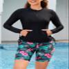 SHEKINI Women's 3 Piece Rash Guard Swimsuit Set Built-in Bra Tank Top Long Sleeve Zip Up Shirt Board Shorts Swimwear Bottom Green view 3