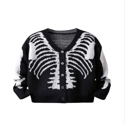 SHENHE Boy's Graphic Skeleton Print Button Down V Neck Long Sleeve Halloween Cardigan Black and White 11-12Y