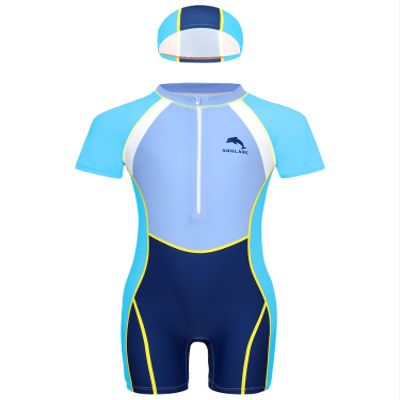 Lorilida Boys UPF 50+ Rash Guard Swimsuit Short Sleeve Front Zipper One Piece Swimwear with Swim Hat Blue 7-8 Years
