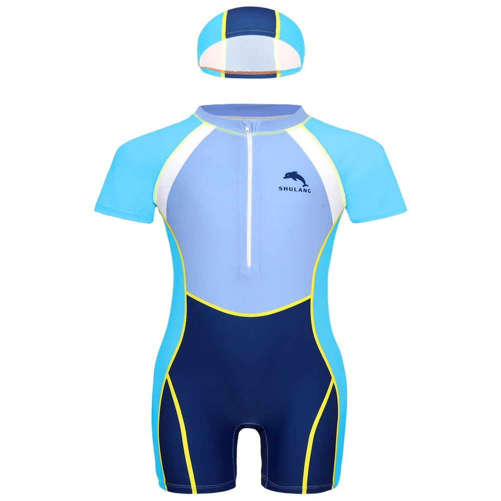 Lorilida Boys UPF 50+ Rash Guard Swimsuit Short Sleeve Front Zipper One Piece Swimwear with Swim Hat Blue 7-8 Years