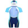 Lorilida Boys UPF 50+ Rash Guard Swimsuit Short Sleeve Front Zipper One Piece Swimwear with Swim Hat Blue 7-8 Years view 1